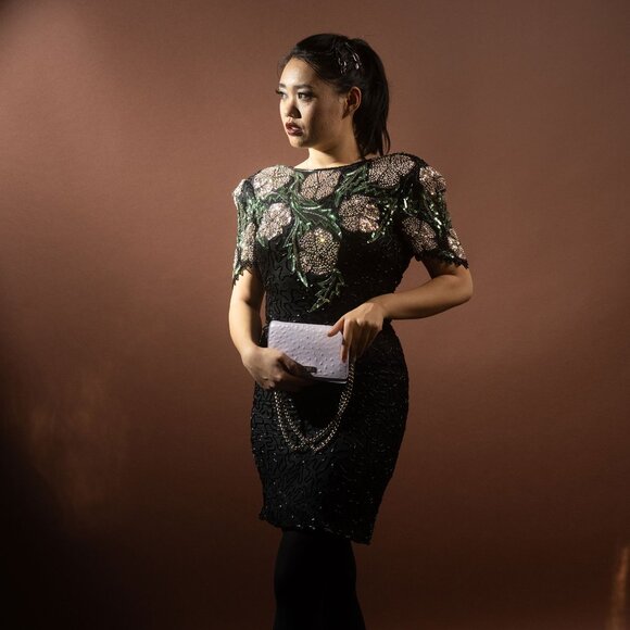 Vintage 80s Scala Black Floral Beaded Sequin Dress - Size S - Picture 1 of 10